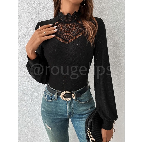 Black Lace Guipure Eyelet Mock Neck Long Sleeve Tee Shirt Fitted - Picture 2 of 7